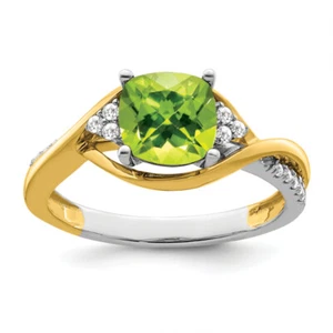 14K Two Tone Gold Cushion-cut Green Peridot Diamond Ring Gemstone Band August... - Picture 1 of 50