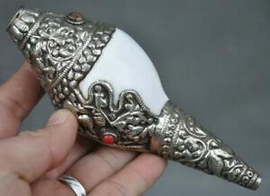 Tibet Buddhism shell Inlay Tibetan Silver red Coral Gem Conch Shell Trumpet Horn