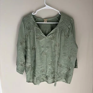 Magaschoni Leinen besticktes Bauern Top Boho salbeigrün Gr. M - Bild 1 von 7