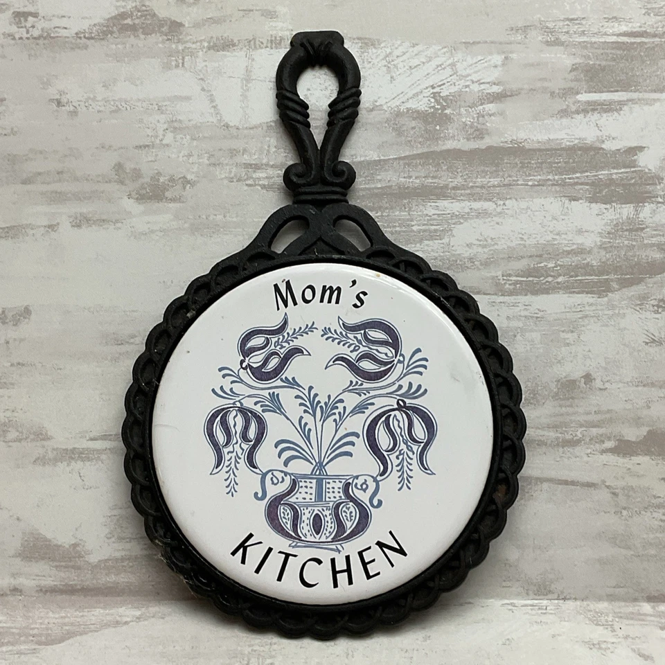 Vintage Trivet Cast Iron tile Mom's Kitchen Blue Floral Mid-State wall decor - Image 1 of 1