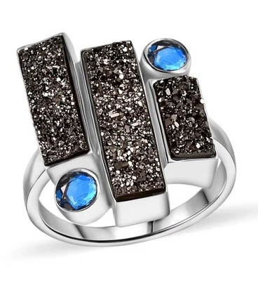 Anillo Sajen Negro Diamante Plano Drusy Cuarzo y Arco Iris Iris Cuarzo Plata Talla 7 Foto 1 de 4