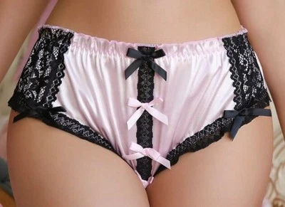 Bragas calzoncillos estilo bebé rosa satinado con detalle de encaje negro y ribete XL NUEVOS lazos Foto 1 de 4