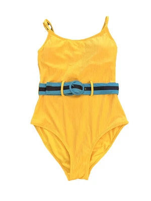 Jessica Simpson Belted One-Piece Yellow Swimsuit Rib Daisy Size Small NWT - Image 1 of 4
