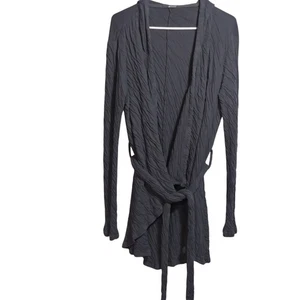 LAmade Gray Neutral Gauzy Crinkle Cotton Cardigan Waist Tie Long Sleeve Sz Sm - Picture 1 of 11