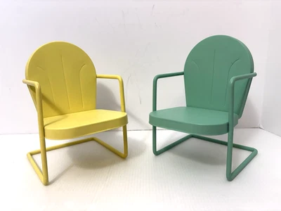 Lot Of 2 Retro '50s Style 7.5" Metal Doll Lawn Outdoor Tulip Chairs Yellow Green - Image 1 of 4