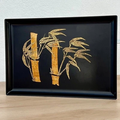 Bandeja de servir rectangular vintage Couroc Monterey MCM con incrustaciones de latón madera de teca bambú Foto 1 de 4