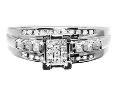 Anillo de boda de compromiso invisible de diamantes princesa con acabado de oro blanco para dama Foto 1 de 4