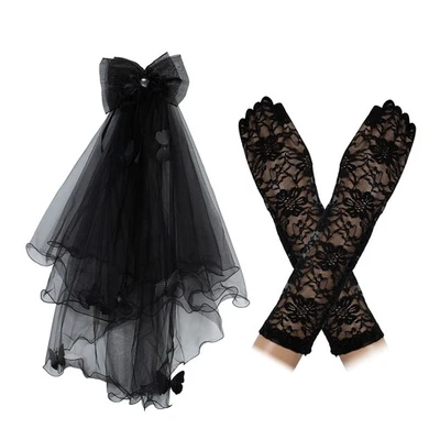 Velo de encaje negro velo de boda de novia velo de Halloween con peine y guantes conjunto Foto 1 de 4