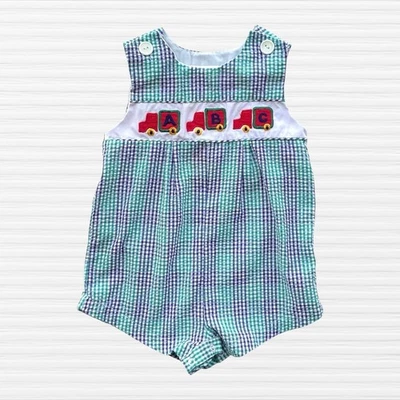 Mameluco Vintage Samara ABC Burbuja Verde Púrpura Cuadros Seersucker Sin Mangas Talla 24M Foto 1 de 4