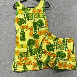 Vtg Romper Womens M Yellow Floral Reversible 2 Piece Set 60's 70's Retro - Picture 1 of 23