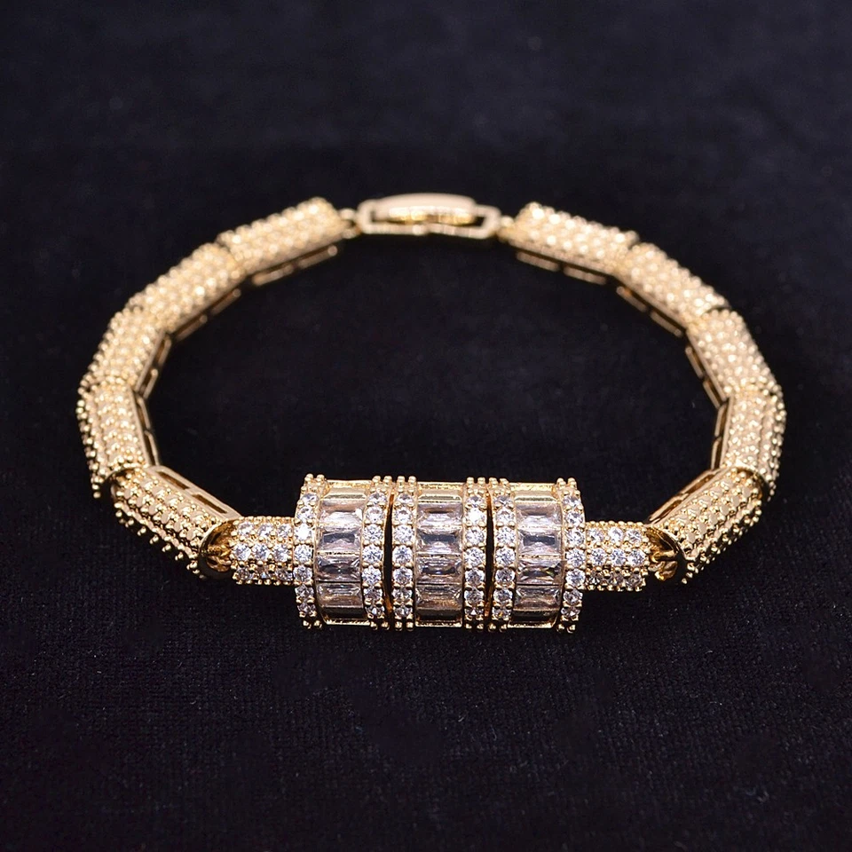 18K Yellow Gold Filled Women Fashion Clear Topaz Cylinder Charm Bracelet Jewelry - Image 1 of 1