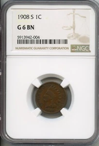 NGC - Indian Cent - 1c - 1908 S - G -6BN - Picture 1 of 2