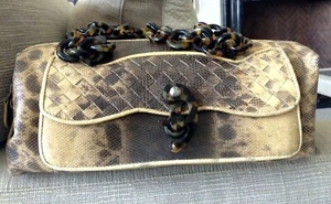 Authentic 2005 BOTTEGA VENETA Brown+Beige Lizard Satchel Resin Tortoise Handles - Picture 1 of 11