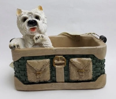 Terrier Westie Dog in a Woven Handbag Planter Polyresin Drainage Hole Strap - Image 1 of 4