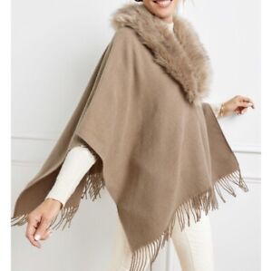 Talbots Light Brown Heather Faux Fur Collar Ruana Wrap New Poly Blend One Size