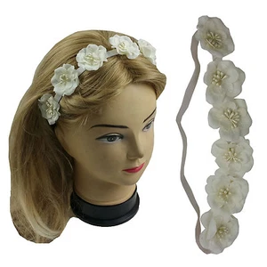 Beige Flowers Elastic Headband Head wrap  Bridal Wedding Party Prom Banquet - Picture 1 of 4