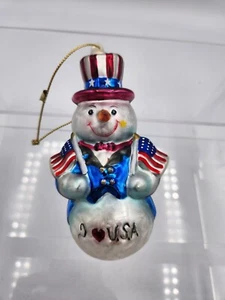 Vintage I Love USA Snowman Blown Glass Christmas Ornament - Patriotic Flag - Picture 1 of 8