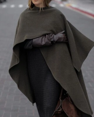 Zara Asymmetric Wool Blend Cape Coat ZW Collection Moss Green M 8619/451 New - Image 1 of 4