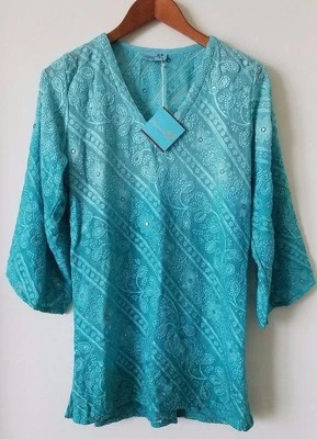 LETARTE Aqua Blue V Neck Embroidered Tunic Dress Cover Up Size XS NWT $272 - Изображение 1 из 4