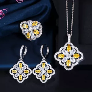 Yellow Crystal Round Flower Necklace Earrings Ring Silver Plated CZ Jewelry Set - Picture 1 of 19