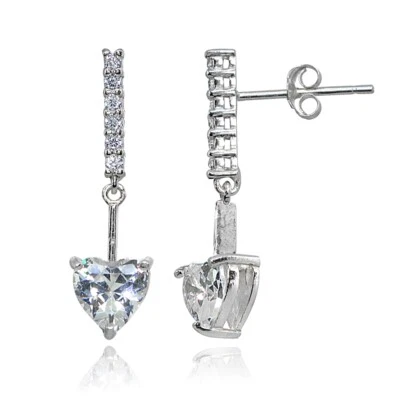 Brincos pendentes de prata 925 com barra incrustada de zircônia cúbica coração declaração gota - Imagem 1 de 3