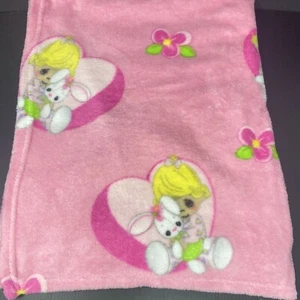 Precious Moments Pink Baby Blanket Hearts with Bunny and Girl Flowers Fleece - Picture 1 of 4