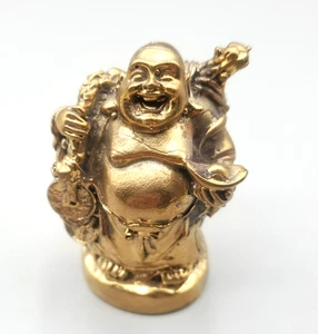 Bronze Brass Happy Laughing Lucky Buddha Small Statue Treasure good Fortune - Picture 1 of 8