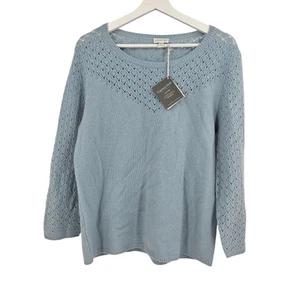 Garnet Hill Sweater Blue Cashmere Pointelle Knit Crewneck Pullover NWT Size L - Picture 1 of 5