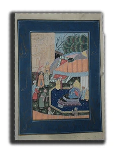 Pintura en miniatura hecha a mano Darbar escena de corte persa sobre seda "PN8596" - Imagen 1 de 3