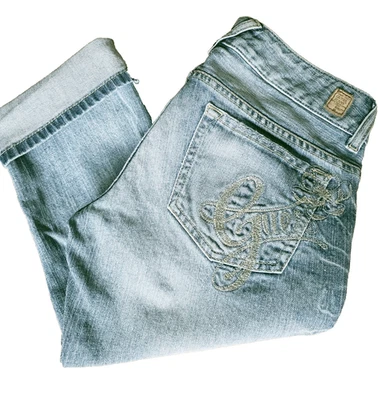 ♡JEANS GUESS Mujer Hilo Dorado Bordado, Capris Lavado Ligero, Talla 28 (Funciona Pequeño) Foto 1 de 4