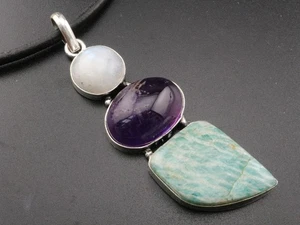 GJ69 AMETHYST MONDSTEIN  AMAZONIT TRIPLE SILBER-ANHÄNGER +KETTE /LEDER!  - Bild 1 von 4