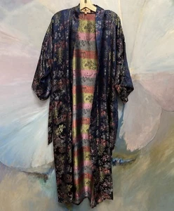 Vtg Asian Satin Brocade Kimono Wrap Tie Robe XL Navy Blue Pink Green - Picture 1 of 7