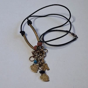 Vintage Leder & Messing asiatische Themen Y-Tropfen Halskette - Bild 1 von 4