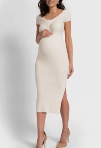 Seraphine Rib Knot Detail Off Shoulder Midi Maternity Dress Ivory SZ S Defects - Picture 1 of 16