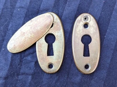 Pair 1"x2" Antique Vintage Old Oval Cast Brass Door Key Hole Keyhole Cover Plate - Image 1 of 3