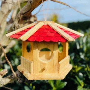 DARLUX Sechseck Holz Vogel Futter Haus XL Futterstelle Hängend Natur/Rot - Bild 1 von 5