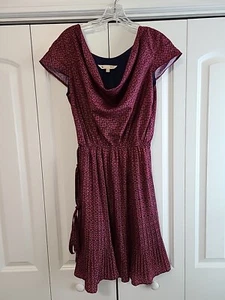 Yumi Cowl Neck Geometric Red Print Micro Pleated Lined Swing Dress Sz 6/8 - Picture 1 of 8