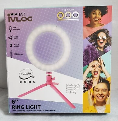 Vivitar Ivlog 6” Ring Light With Tabletop Tripod NEW, Selfie Make-Up Photography - Image 1 of 2
