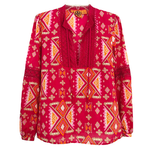 Top tunica Tory Burch stampa Ikat taglia 4 rosa cotone uncinetto spiaggia boho