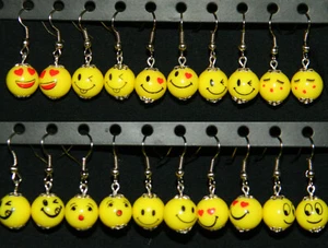 Yellow acrylic Emoji Dangle Pierced Earrings Smiley Face NEW - Picture 1 of 9