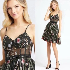 Mac Duggal schwarz Blumen mehrfarbig bestickt Bustier A-Linie Cocktailkleid Größe 0 - Bild 1 von 16