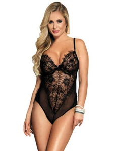 Sexy Plus Size 8-22 Black Lace Crystal Bodysuit One Piece Teddy Lingerie Big - Picture 1 of 3