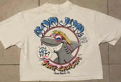Vtg 80s Ron Jon Surf Shop You Wet Yet Crop Shirt Funny Shark Beach Quiksilver OP - Image 1 of 4