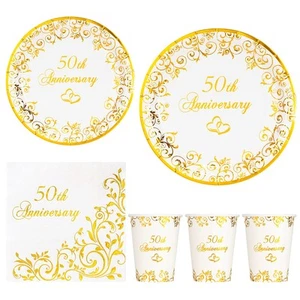 Crisky Gold Foil 50th Anniversary Napkins Plates Cups Set for 50th Anniversar... - Picture 1 of 6