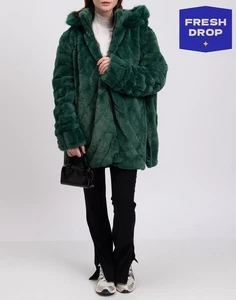 RRP €363 TOY G Faux Fur Jacket Plus Size 49 / XL Green Removable Hooded Zipped - Picture 1 of 11