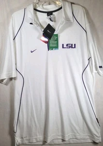 NWT Nike LSU Tigers White Polo Mens Size Large Dri-Fit Nike Button Embroidered - Picture 1 of 12