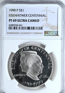1990-P Eisenhower Commemorative $1 Dollar PF69 Ultra Cameo NGC Silver Coin 041 - Picture 1 of 2
