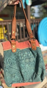 Vintage Lucky Brand Teal Paisley Cotton Tote Bag Pink Suede Trim & Leather Strap - Picture 1 of 13