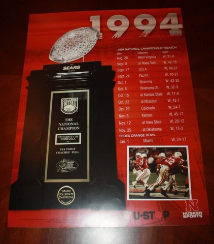 1994 NEBRASKA CORNHUSKERS HUSKER FOOTBALL POSTER NEW UStop 18"X24" Cover