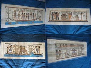 Sammelset 4 riesige signierte ägyptische Papyrusmuseum Kunstgemälde_32 x 12" Zoll - Bild 1 von 5